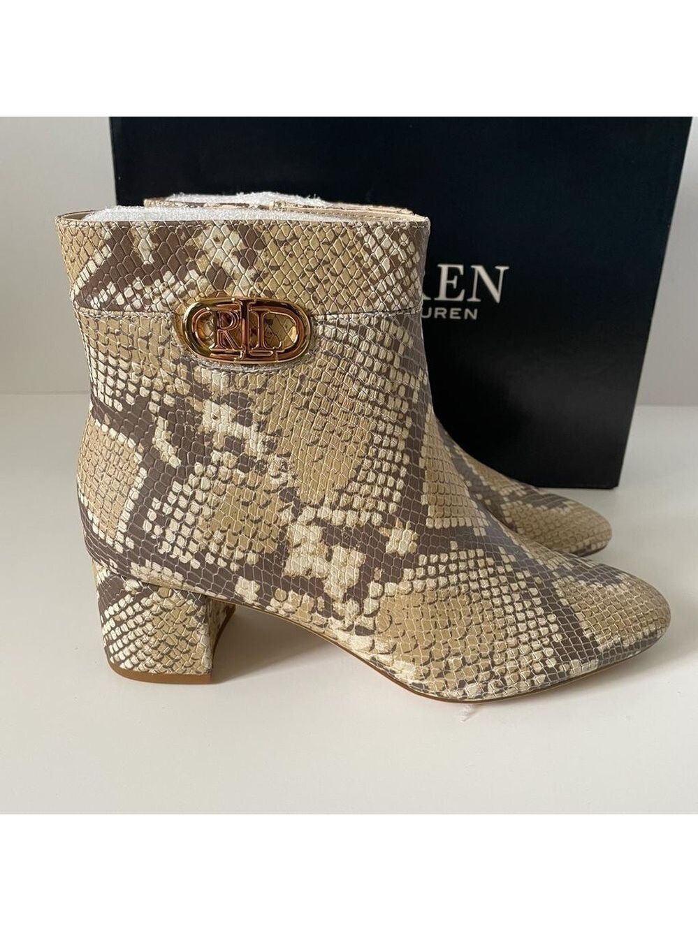 Nib Ralph Lauren Wynne II Python Embossed Leather Block Heel Booties Boots - Picture 7 of 16